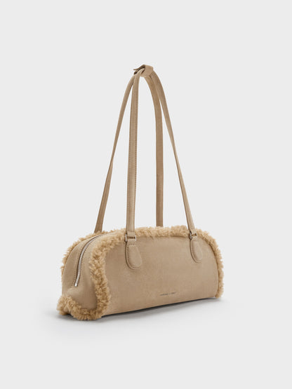 Nelly Faux Shearling Elongated Shoulder Bag - Nutmeg Beige | CHARLES & KEITH