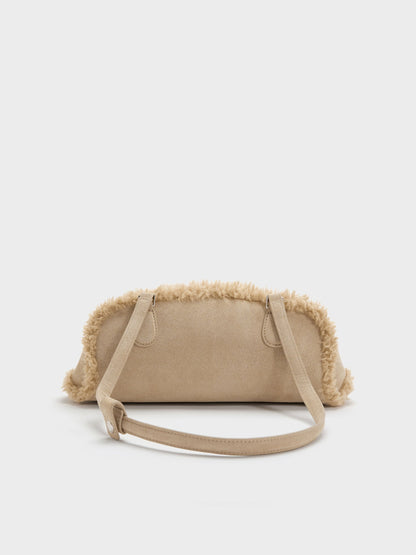 Nelly Faux Shearling Elongated Shoulder Bag - Nutmeg Beige | CHARLES & KEITH