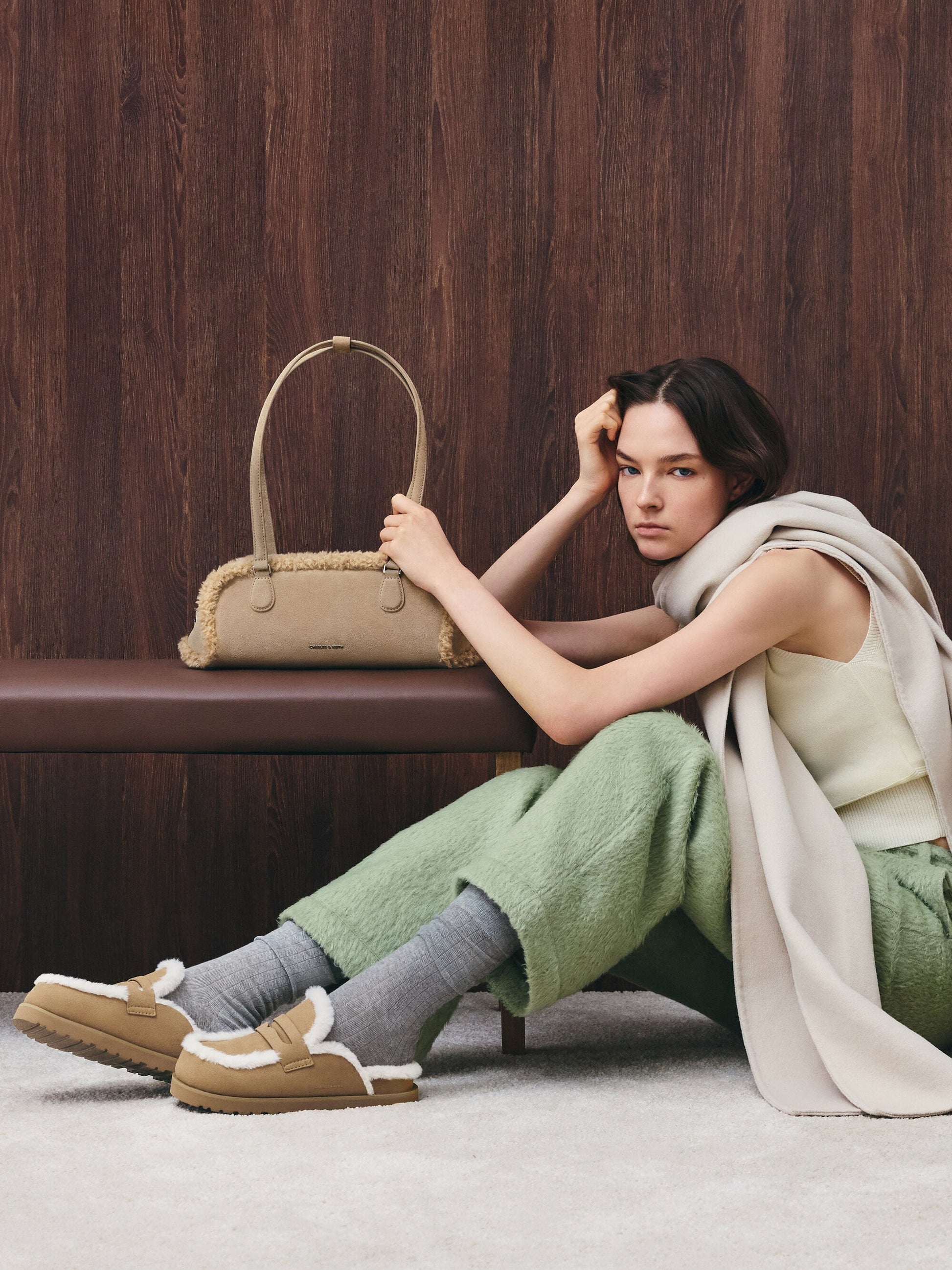 Nelly Faux Shearling Elongated Shoulder Bag - Nutmeg Beige | CHARLES & KEITH