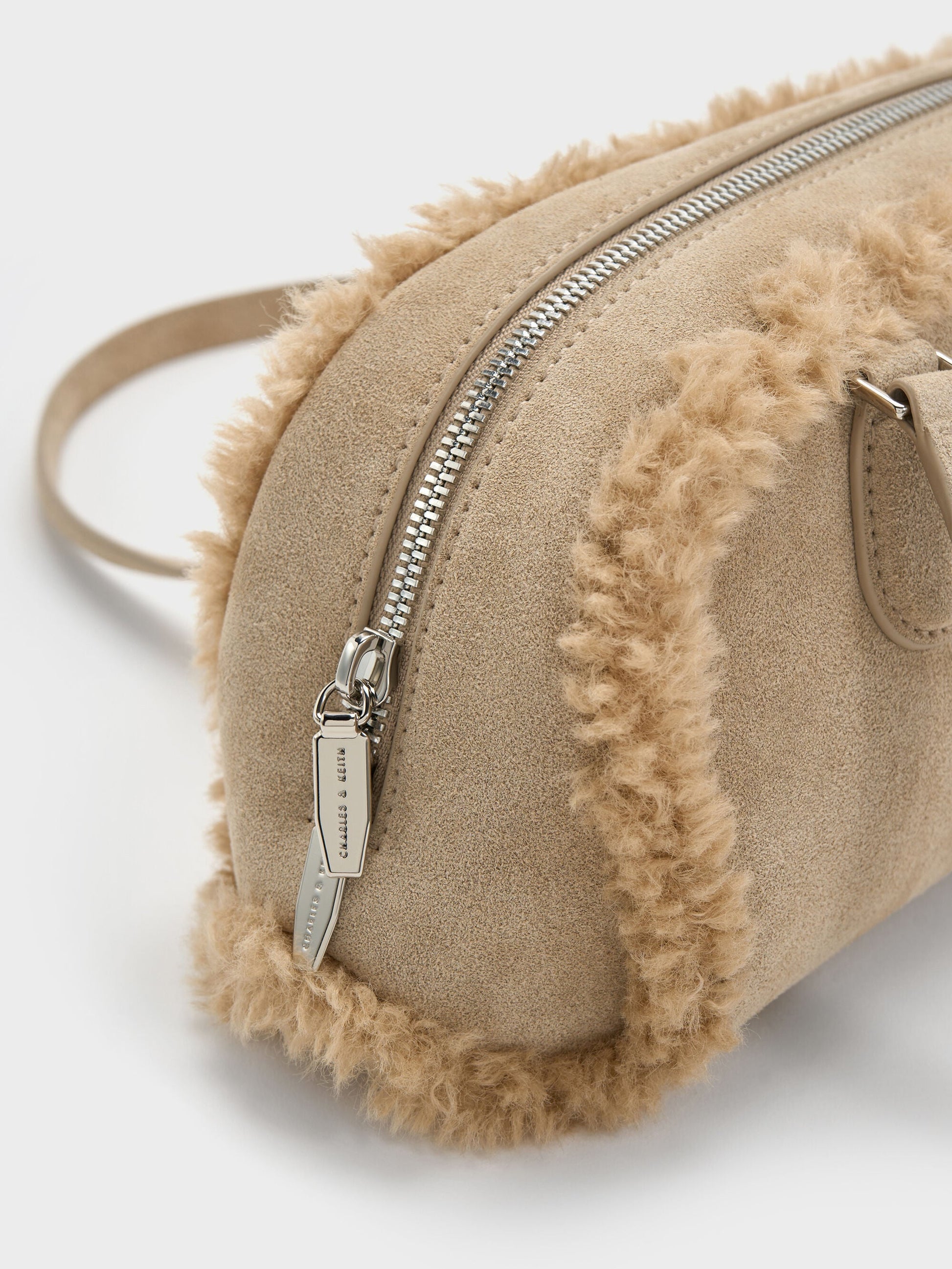Nelly Faux Shearling Elongated Shoulder Bag - Nutmeg Beige | CHARLES & KEITH