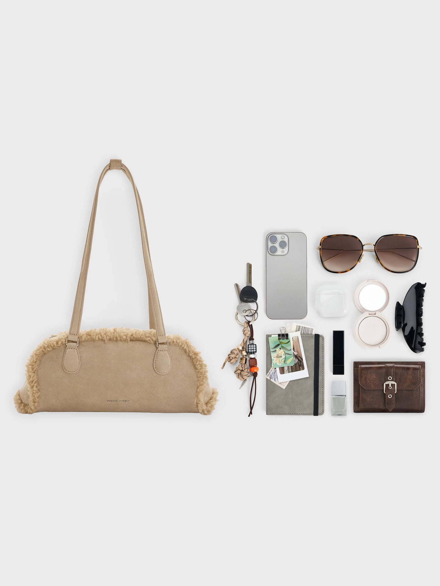 Nelly Faux Shearling Elongated Shoulder Bag - Nutmeg Beige | CHARLES & KEITH