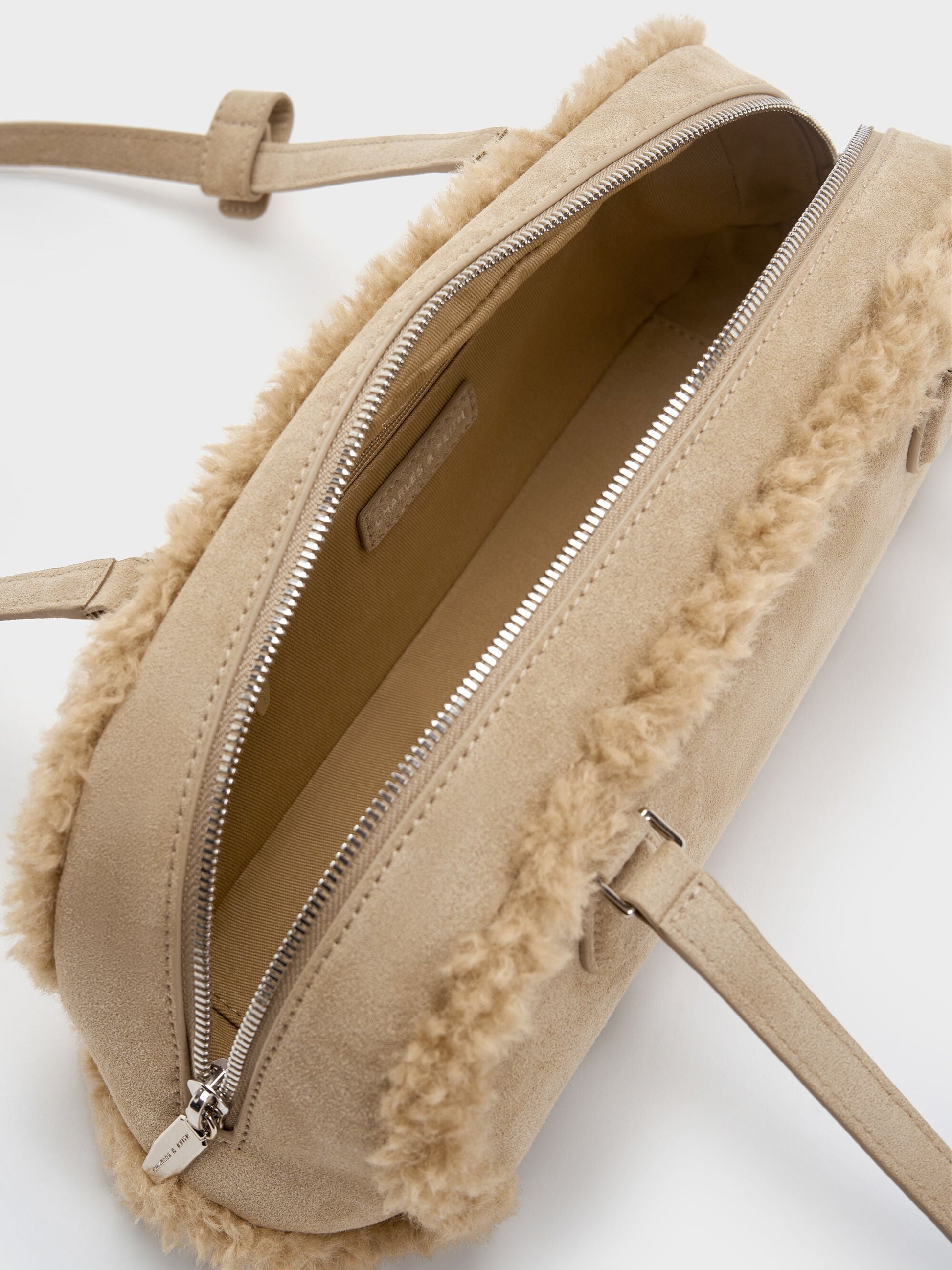 Nelly Faux Shearling Elongated Shoulder Bag - Nutmeg Beige | CHARLES & KEITH