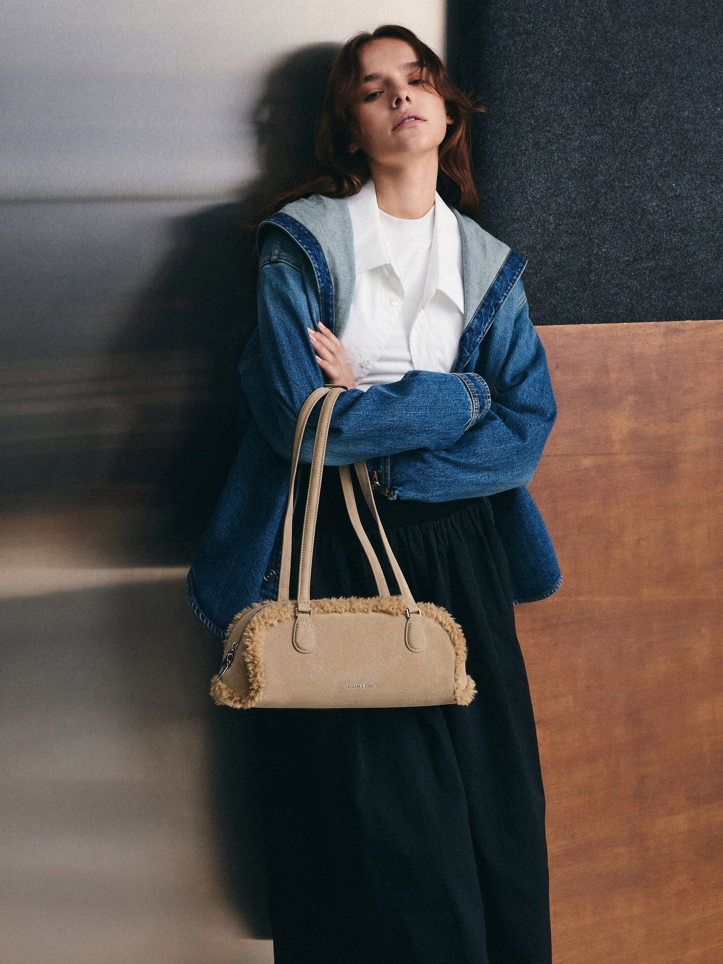 Nelly Faux Shearling Elongated Shoulder Bag - Nutmeg Beige | CHARLES & KEITH