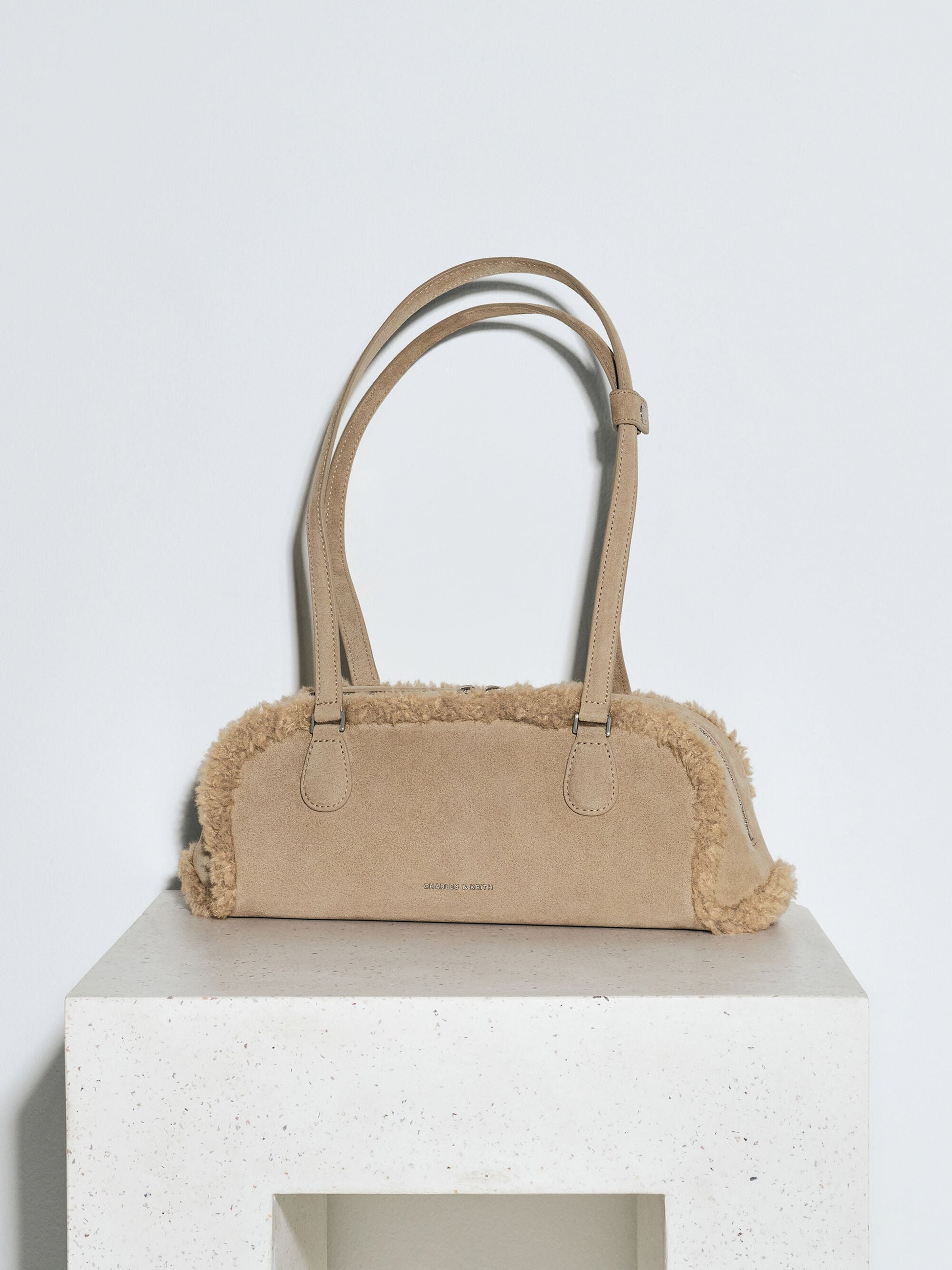 Nelly Faux Shearling Elongated Shoulder Bag - Nutmeg Beige | CHARLES & KEITH