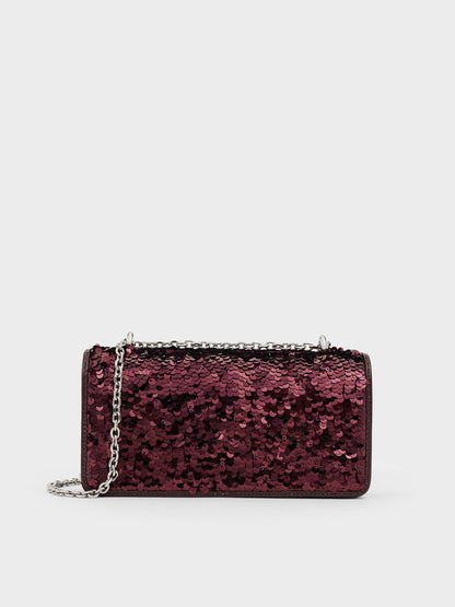 Paffuto Sequinned Wallet On Chain - Burgundy | CHARLES & KEITH