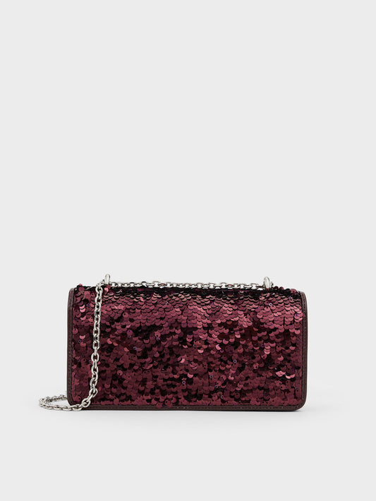 Paffuto Sequinned Wallet On Chain - Burgundy | CHARLES & KEITH