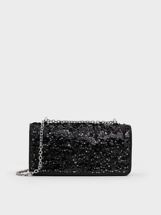Paffuto Sequinned Wallet On Chain - Noir | CHARLES & KEITH
