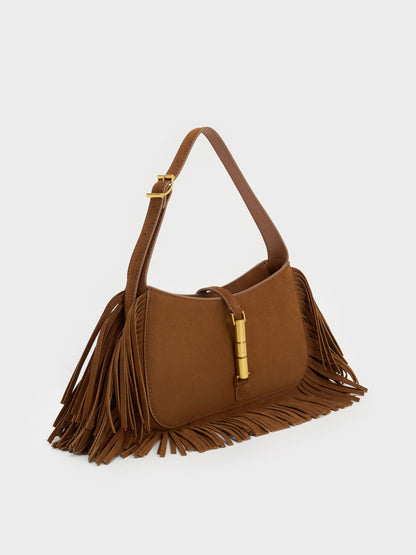 Cesia Metallic-Accent Fringed Shoulder Bag - Sienna Brown | CHARLES & KEITH