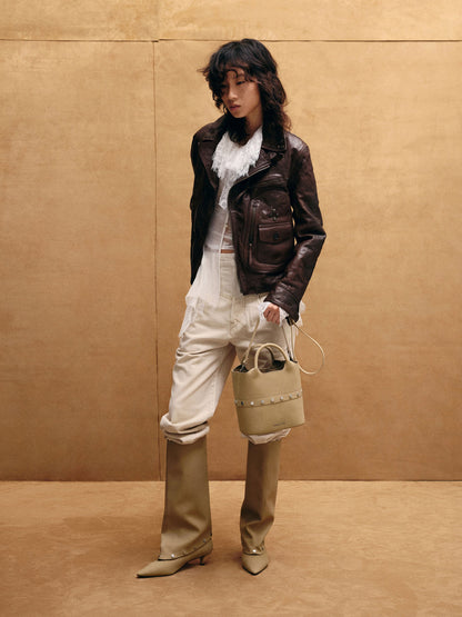 Bobbie Twill Studded Convertible Bucket Bag - Toasted Sand | CHARLES & KEITH