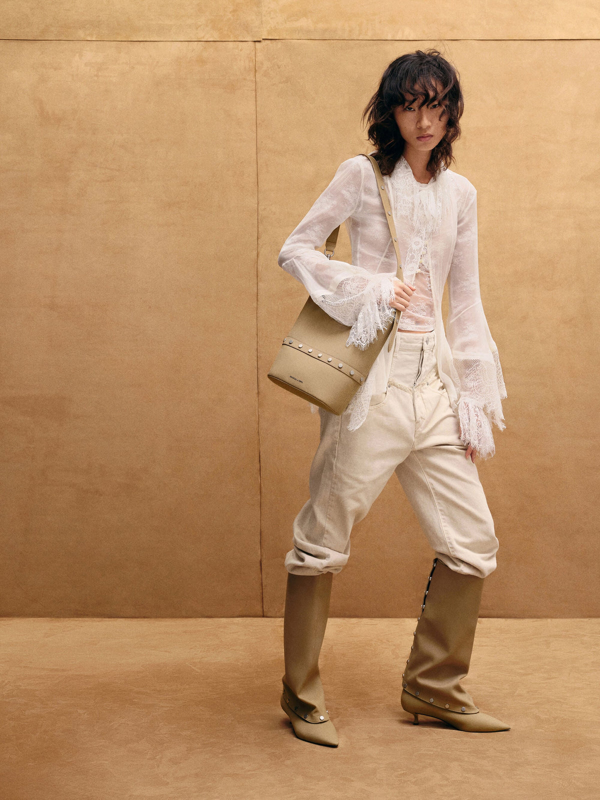 Bobbie Twill Studded Convertible Bucket Bag - Toasted Sand | CHARLES & KEITH