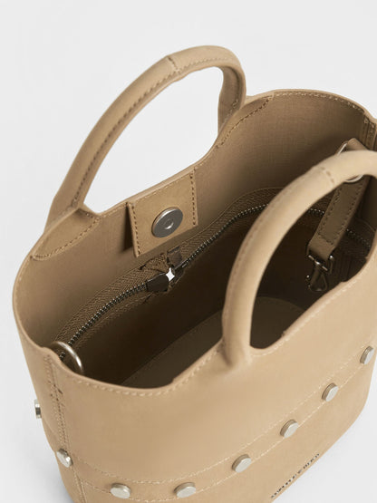 Bobbie Twill Studded Convertible Bucket Bag - Toasted Sand | CHARLES & KEITH