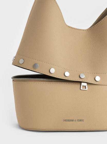 Bobbie Twill Studded Convertible Bucket Bag - Toasted Sand | CHARLES & KEITH
