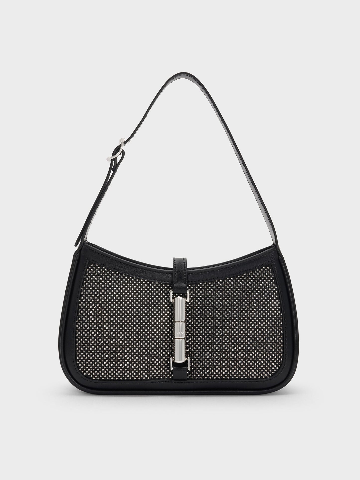 Cesia Satin Crystal Metallic-Accent Shoulder Bag - Lustrous Noir | CHARLES & KEITH