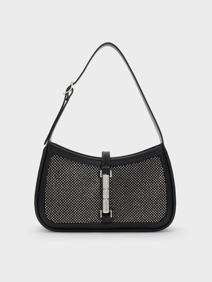 Cesia Satin Crystal Metallic-Accent Shoulder Bag - Lustrous Noir | CHARLES & KEITH
