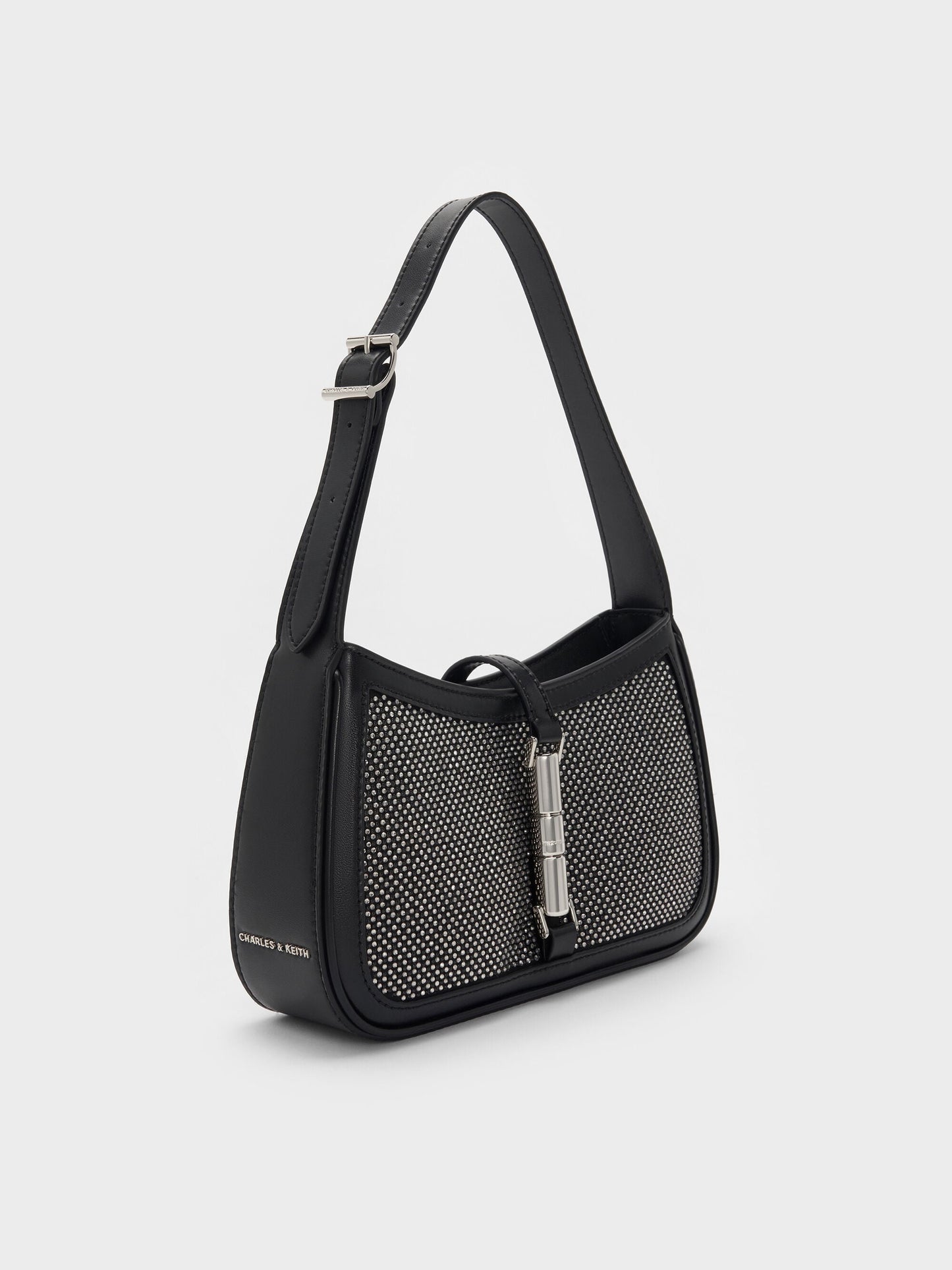 Cesia Satin Crystal Metallic-Accent Shoulder Bag - Lustrous Noir | CHARLES & KEITH
