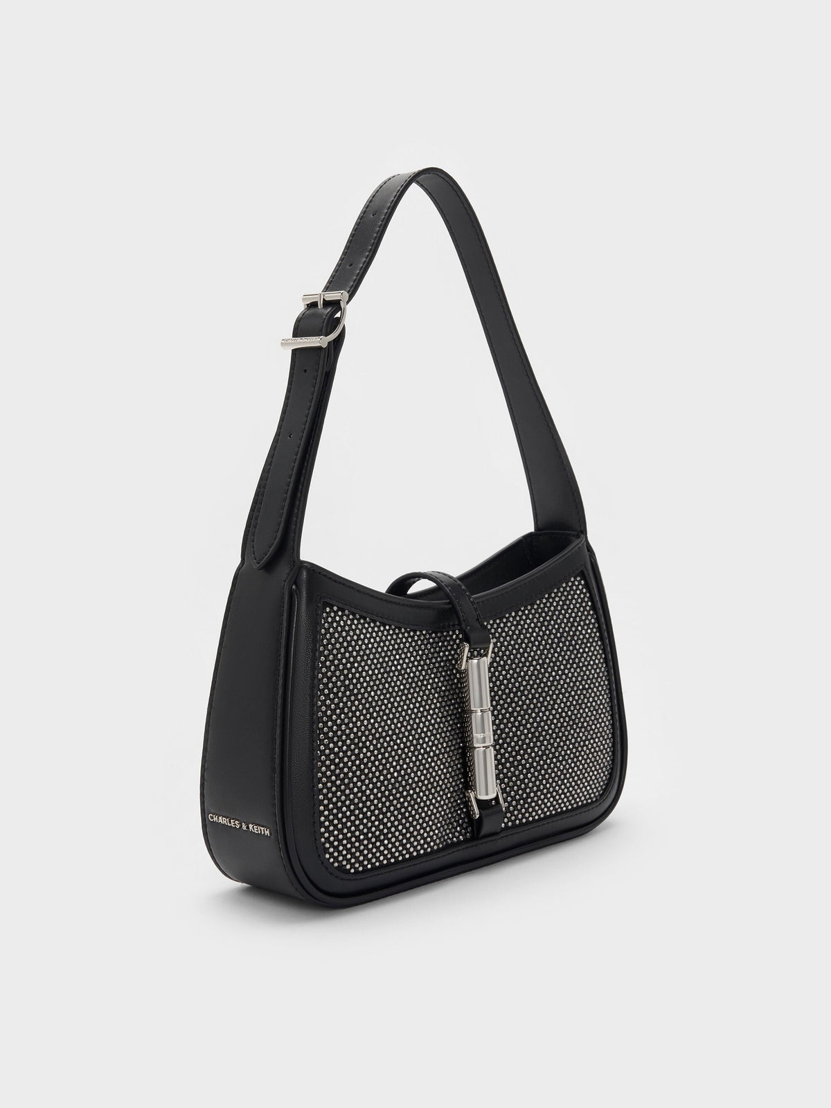 Cesia Satin Crystal Metallic-Accent Shoulder Bag - Lustrous Noir | CHARLES & KEITH