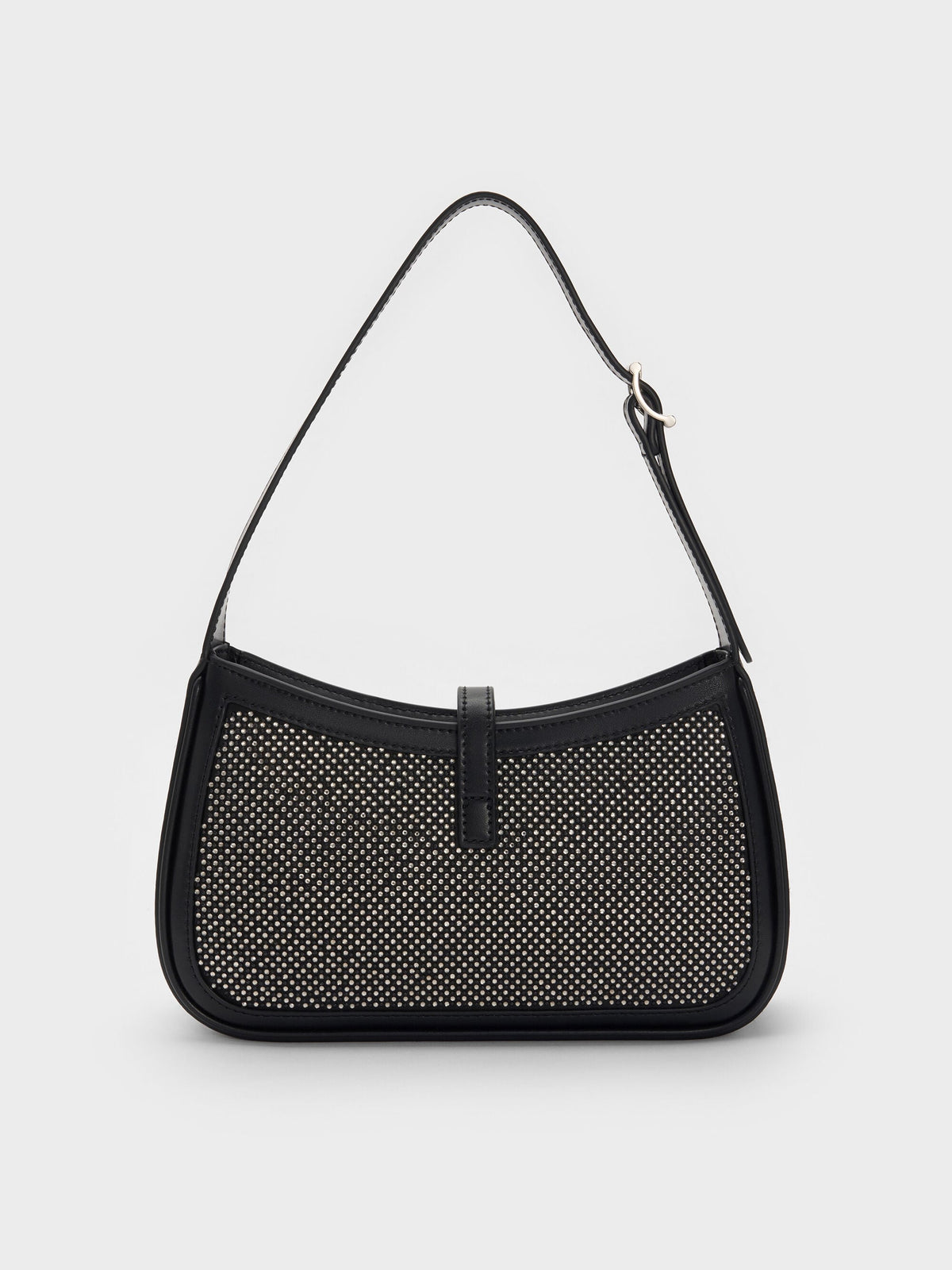 Cesia Satin Crystal Metallic-Accent Shoulder Bag - Lustrous Noir | CHARLES & KEITH