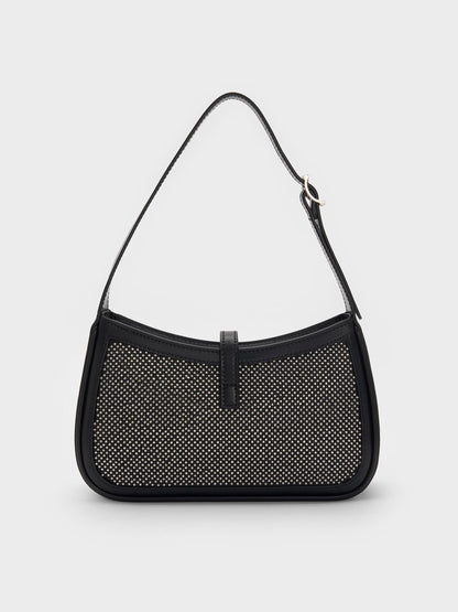 Cesia Satin Crystal Metallic-Accent Shoulder Bag - Lustrous Noir | CHARLES & KEITH