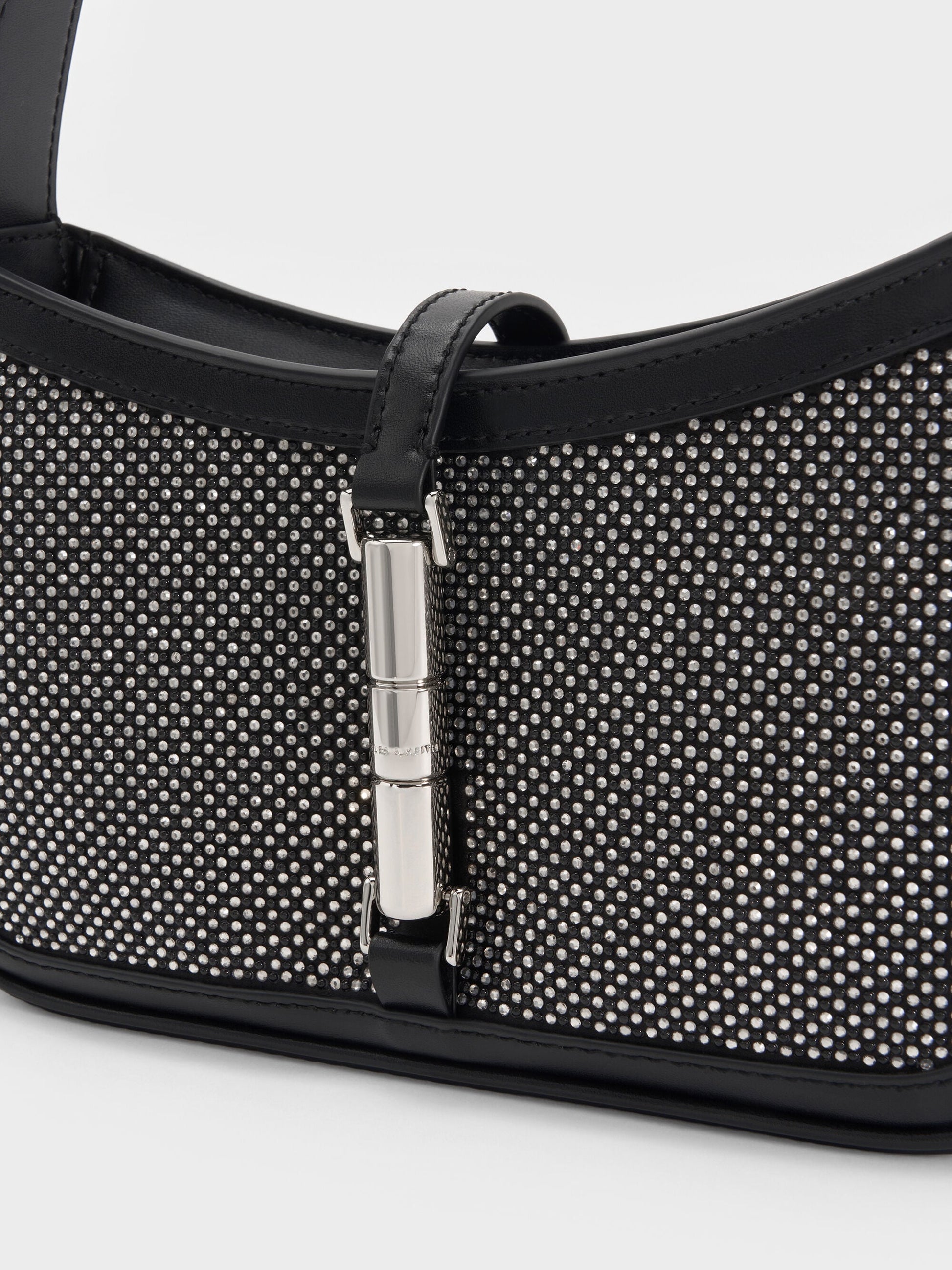 Cesia Satin Crystal Metallic-Accent Shoulder Bag - Lustrous Noir | CHARLES & KEITH