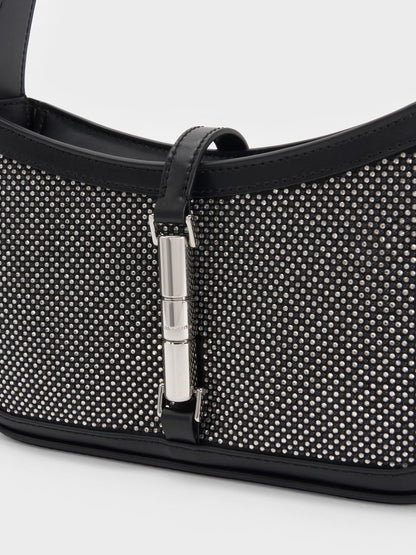 Cesia Satin Crystal Metallic-Accent Shoulder Bag - Lustrous Noir | CHARLES & KEITH