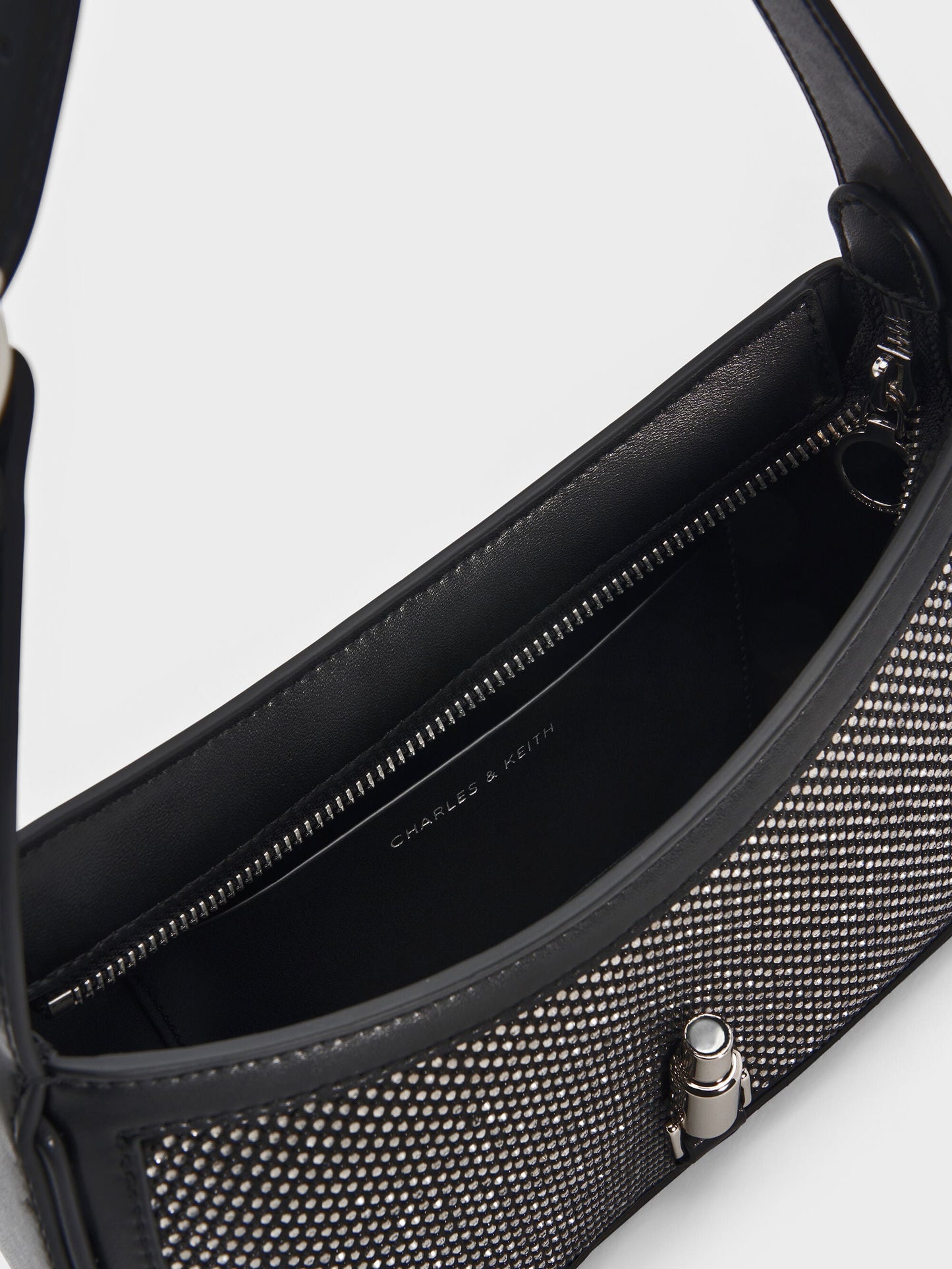 Cesia Satin Crystal Metallic-Accent Shoulder Bag - Lustrous Noir | CHARLES & KEITH